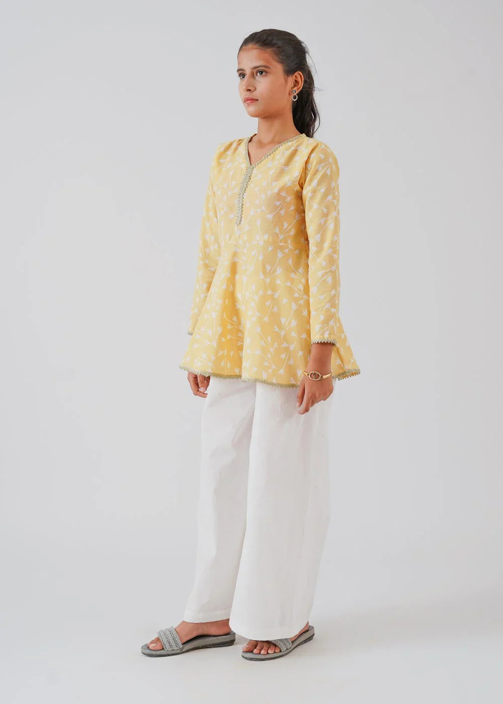 Yellow Printed Top & White Trouser Set