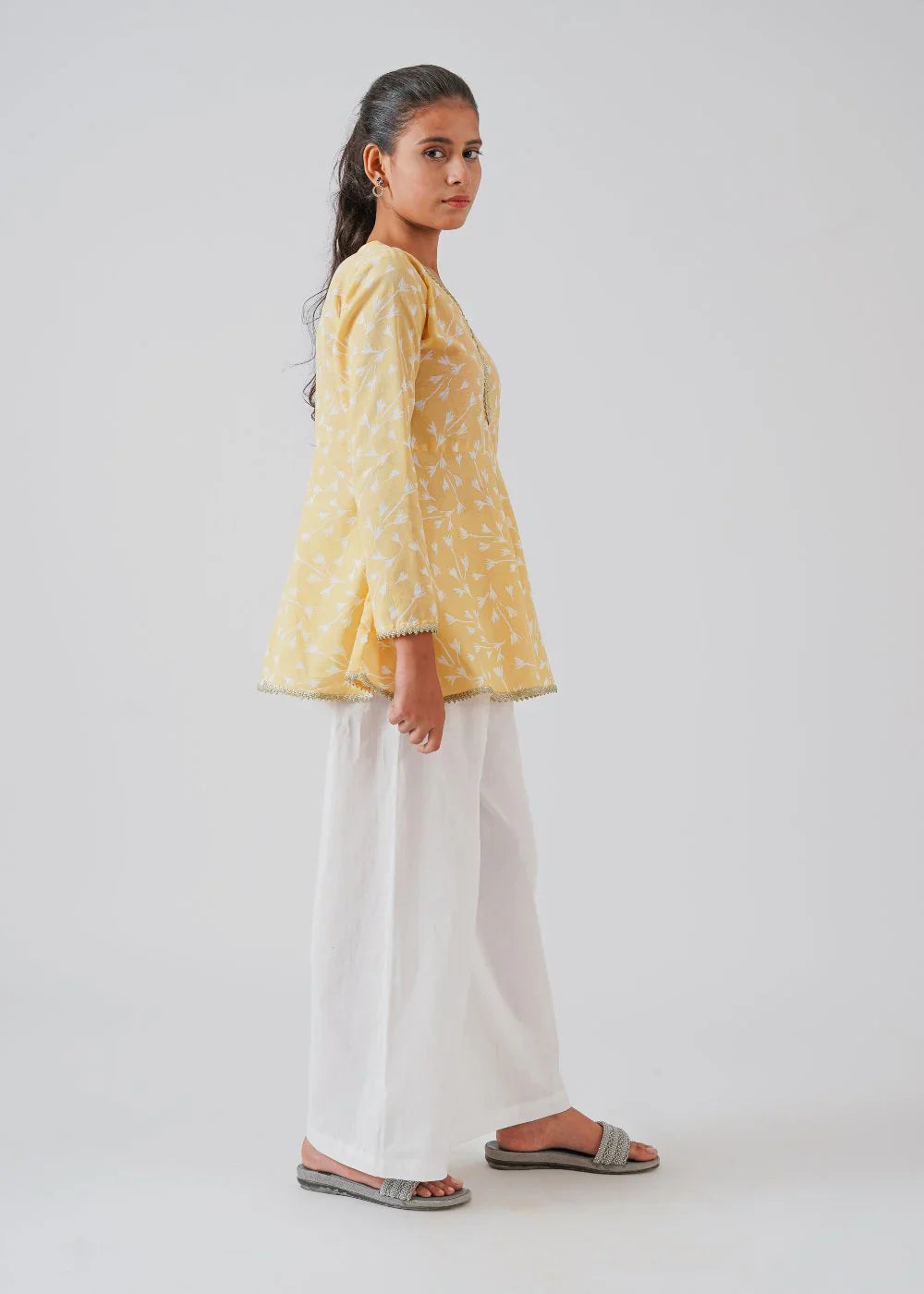 Yellow Printed Top & White Trouser Set