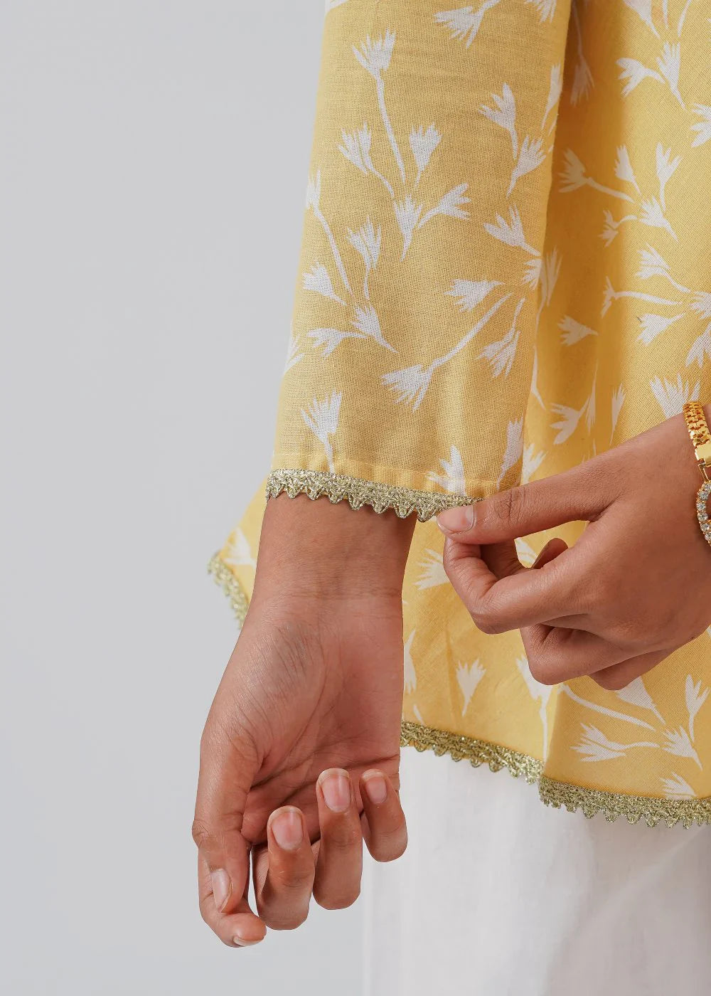 Yellow Printed Top & White Trouser Set